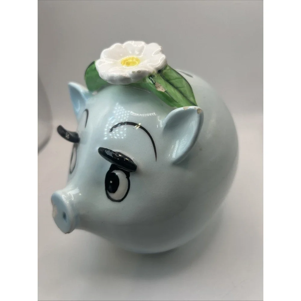 Ceramic Anthropomorphic Blue Piggy Bank Daisy Flower Long Eyelashes Vintage